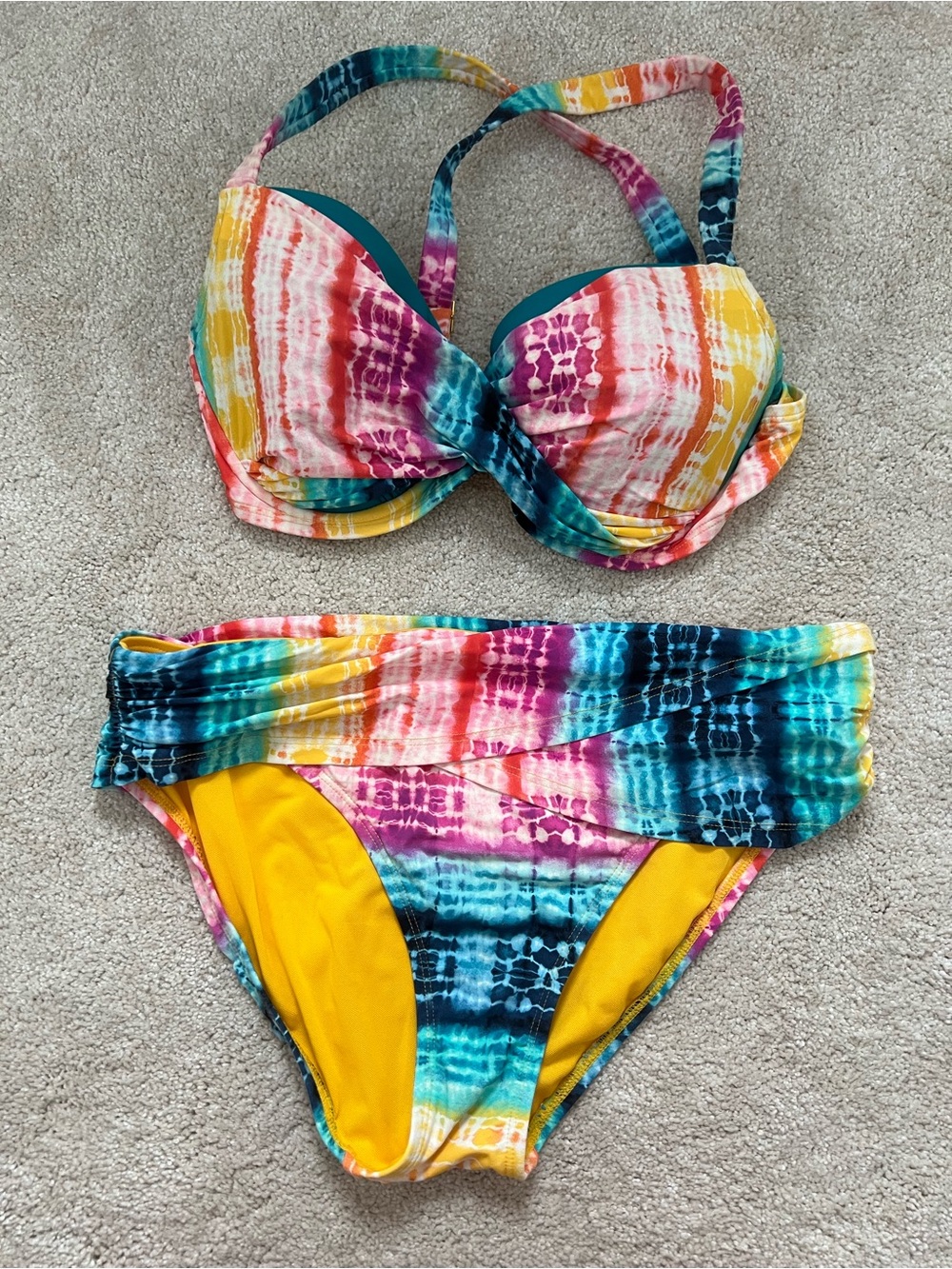 Bleu Rod Beattie Multicolor Tie-Dye Bikini with Yellow Lining